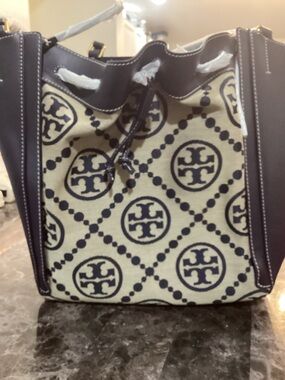 Tory Burch Navy and Cream Logo Drawstring Tote